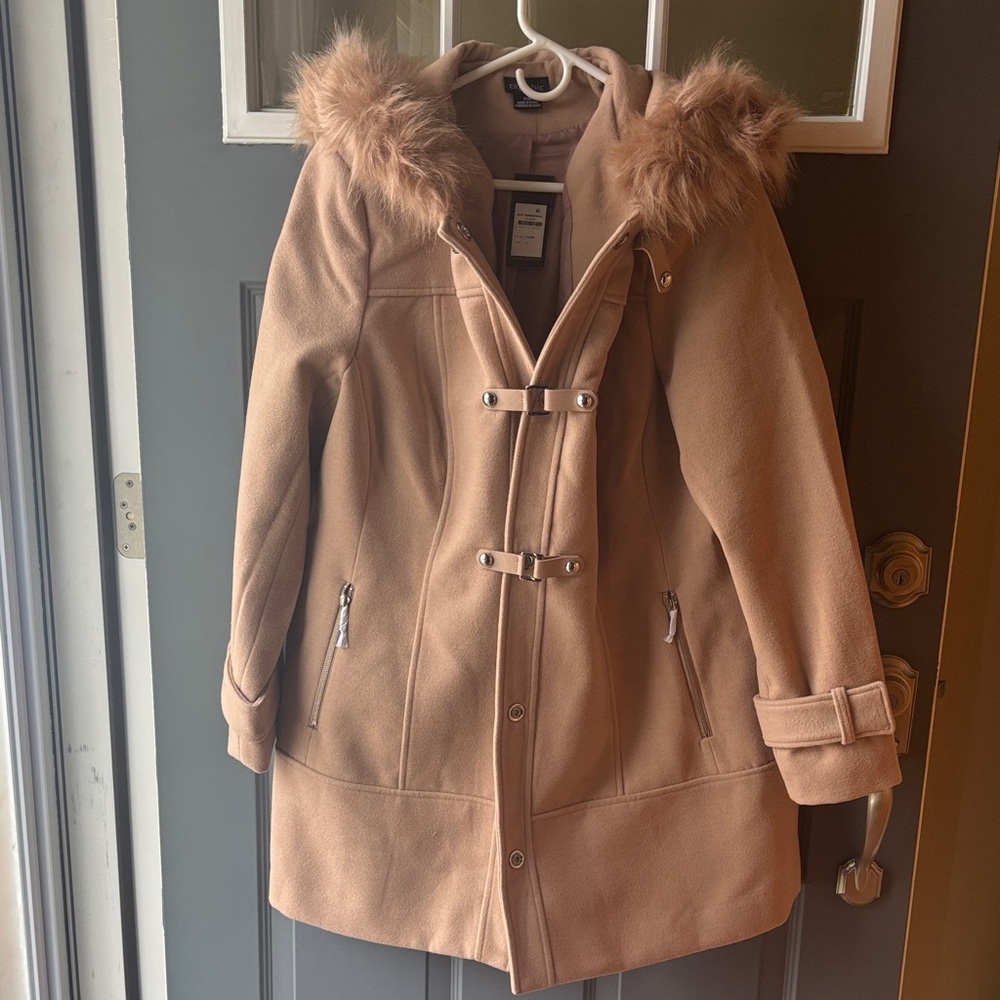 City Chic Tan Hooded Puffer Coat with Faux Fur